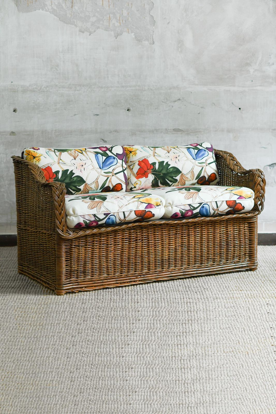 Woven Rattan Sofa With Dedar Fabric Cushions photo furniture