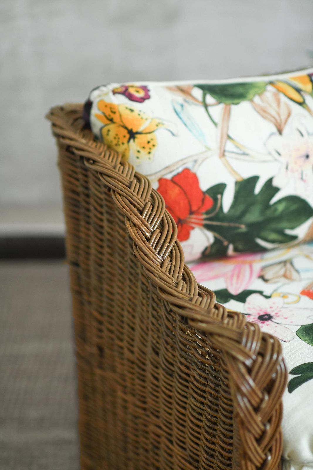 Woven Rattan Sofa With Dedar Fabric Cushions photo vinterior