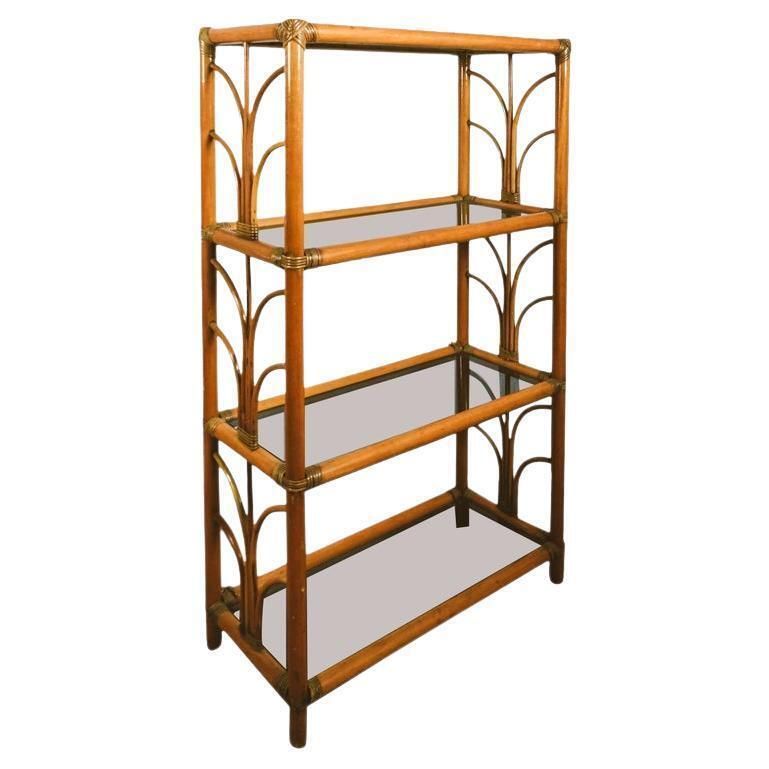 Small Bamboo Bookcase With Four Glass Shelves, 1980s