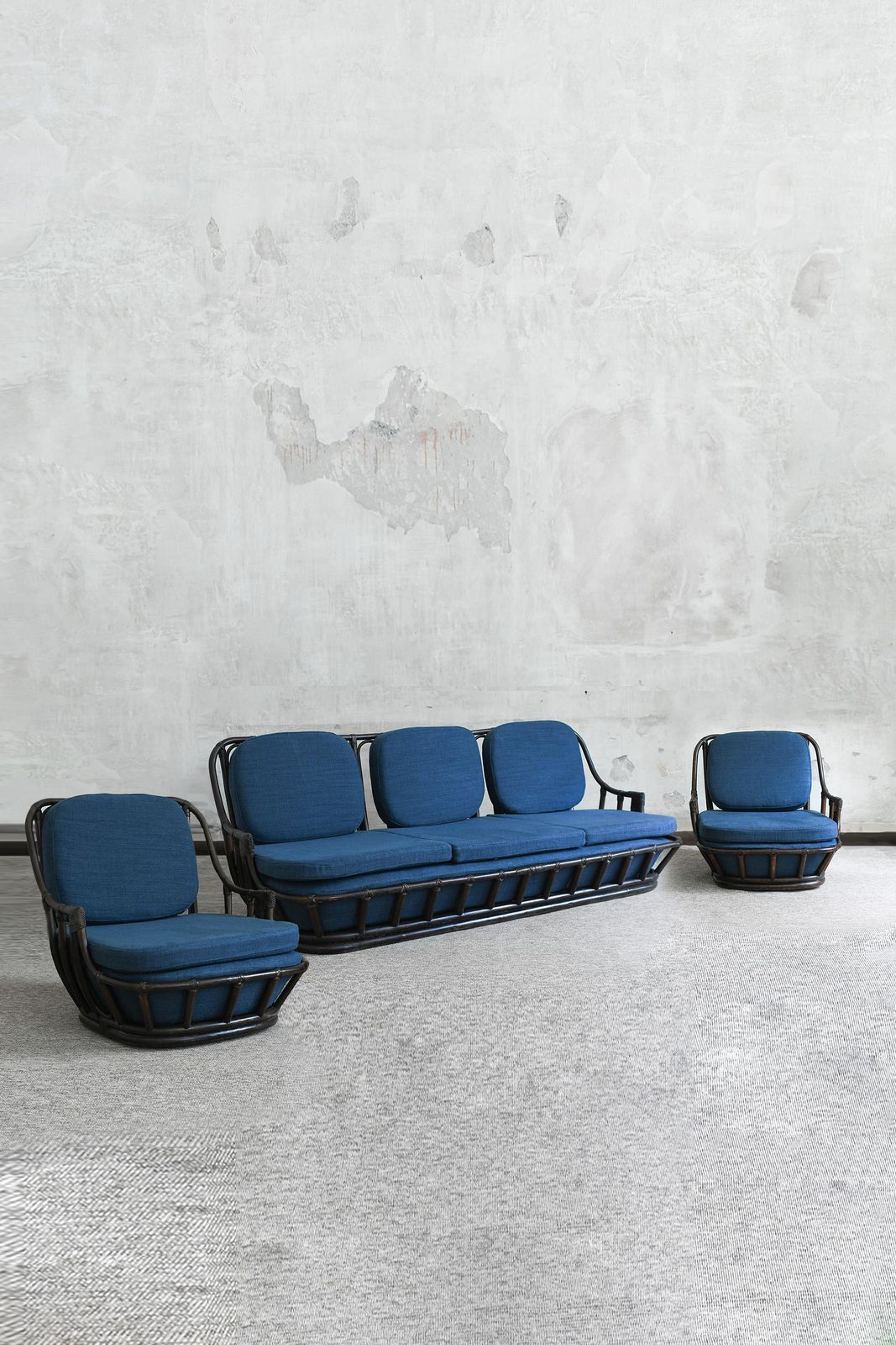 Living Room Set: Sofa + Pair Of Armchairs In Dark Finish Manao Cane, 1980s photo furniture