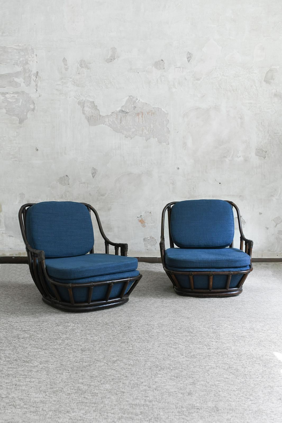 Living Room Set: Sofa + Pair Of Armchairs In Dark Finish Manao Cane, 1980s photo Home Decor