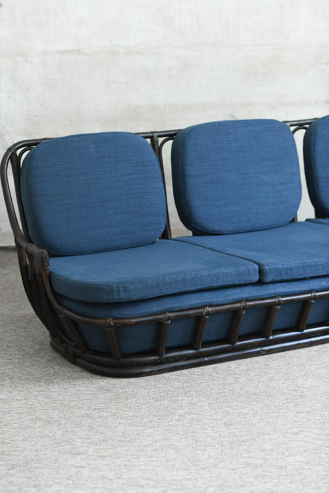 Living Room Set: Sofa + Pair Of Armchairs In Dark Finish Manao Cane, 1980s photo vinterior