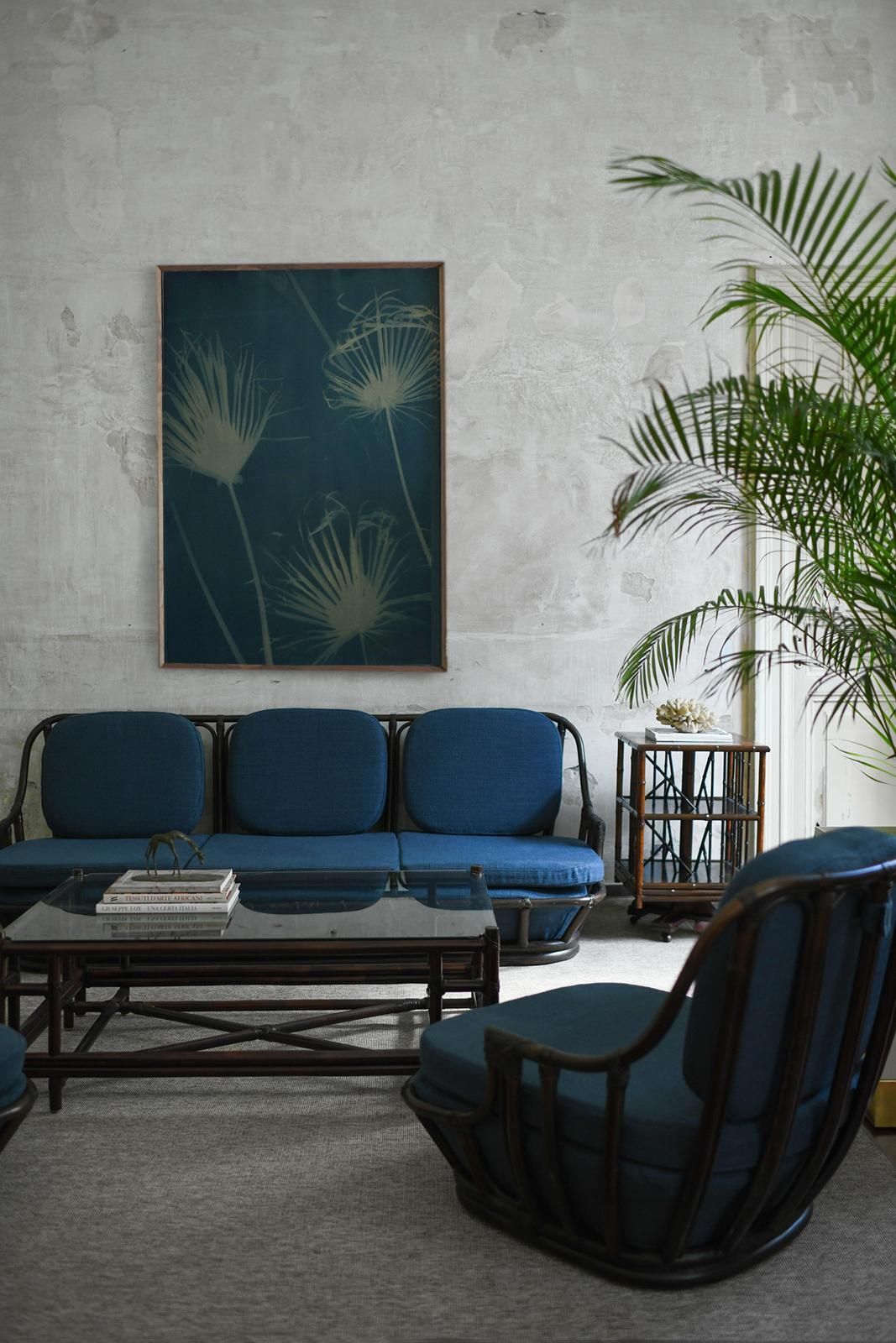 9098.0 Living Room Set: Sofa + Pair Of Armchairs In Dark Finish Manao Cane, 1980s photo
