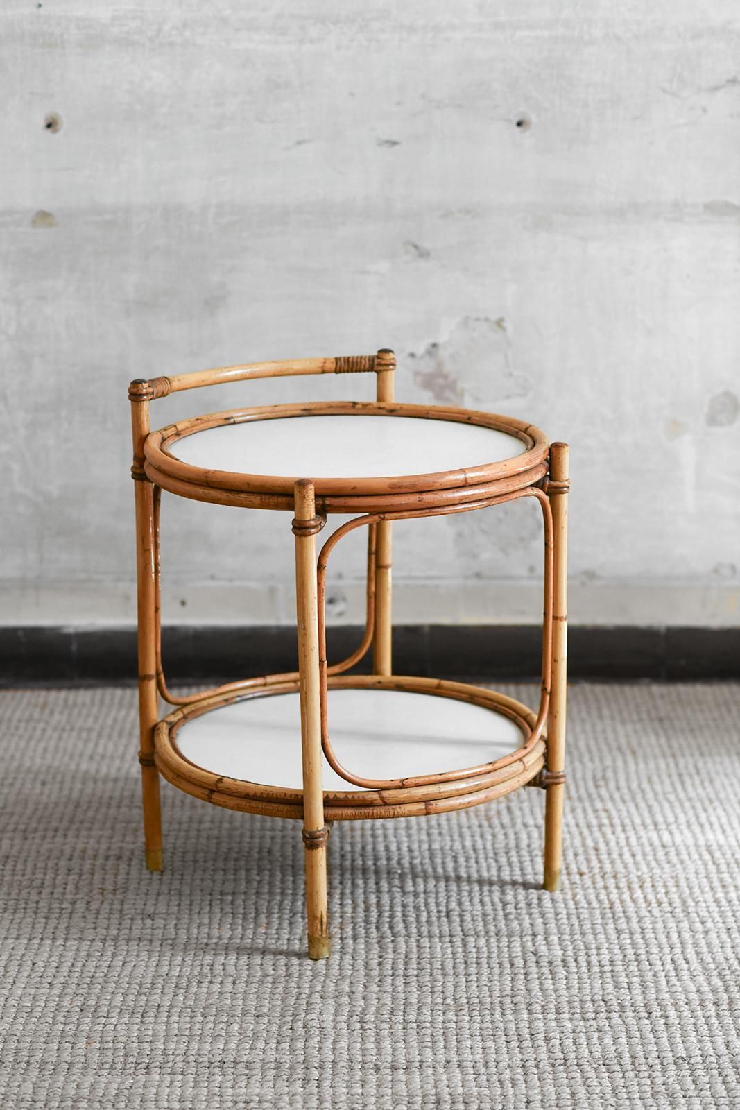 Service Table In Bamboo With White Lacquered Shelves And Brass Feet, Italy 1970 photo for sale