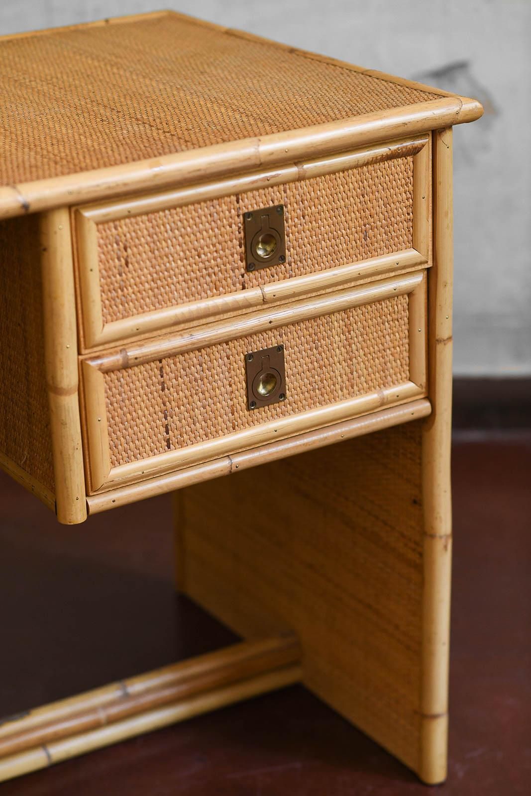 Desk In Bamboo And Wicker With Brass Details. Produced By Dal Vera, 1970s photo vinterior