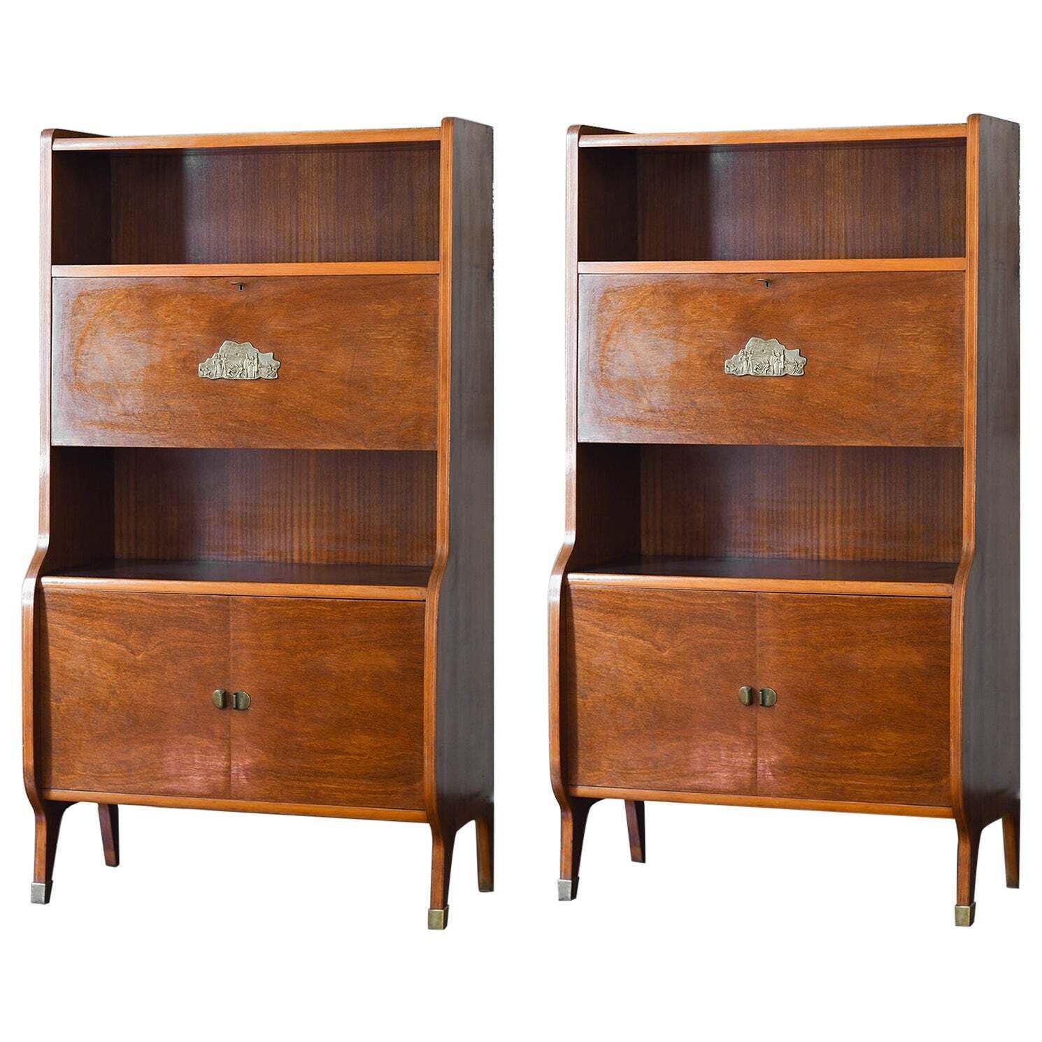 Pair Of Mid Century Wooden Sideboards With Brass Details And Decorations