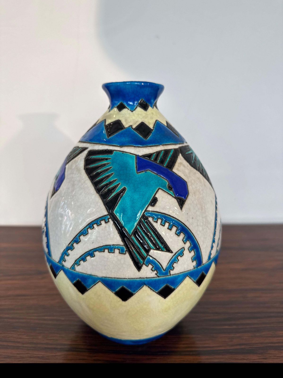 Charles Catteau For Boch Keramis Art Deco Vase With Stylized Swallows, Belgium photo for sale
