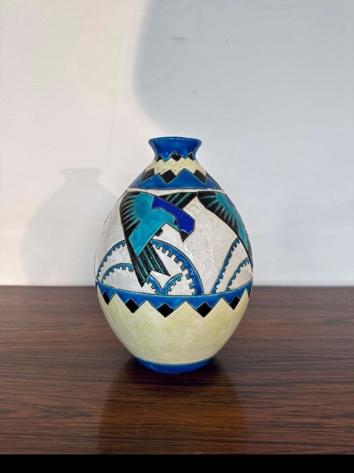 Charles Catteau For Boch Keramis Art Deco Vase With Stylized Swallows, Belgium photo vinterior