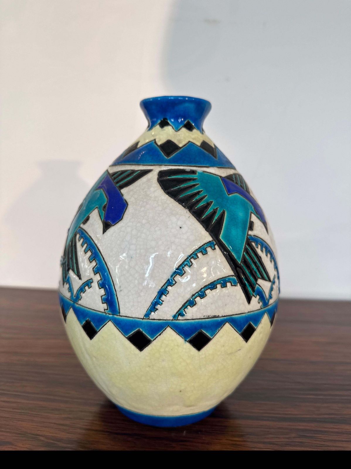 Charles Catteau For Boch Keramis Art Deco Vase With Stylized Swallows, Belgium photo vintage