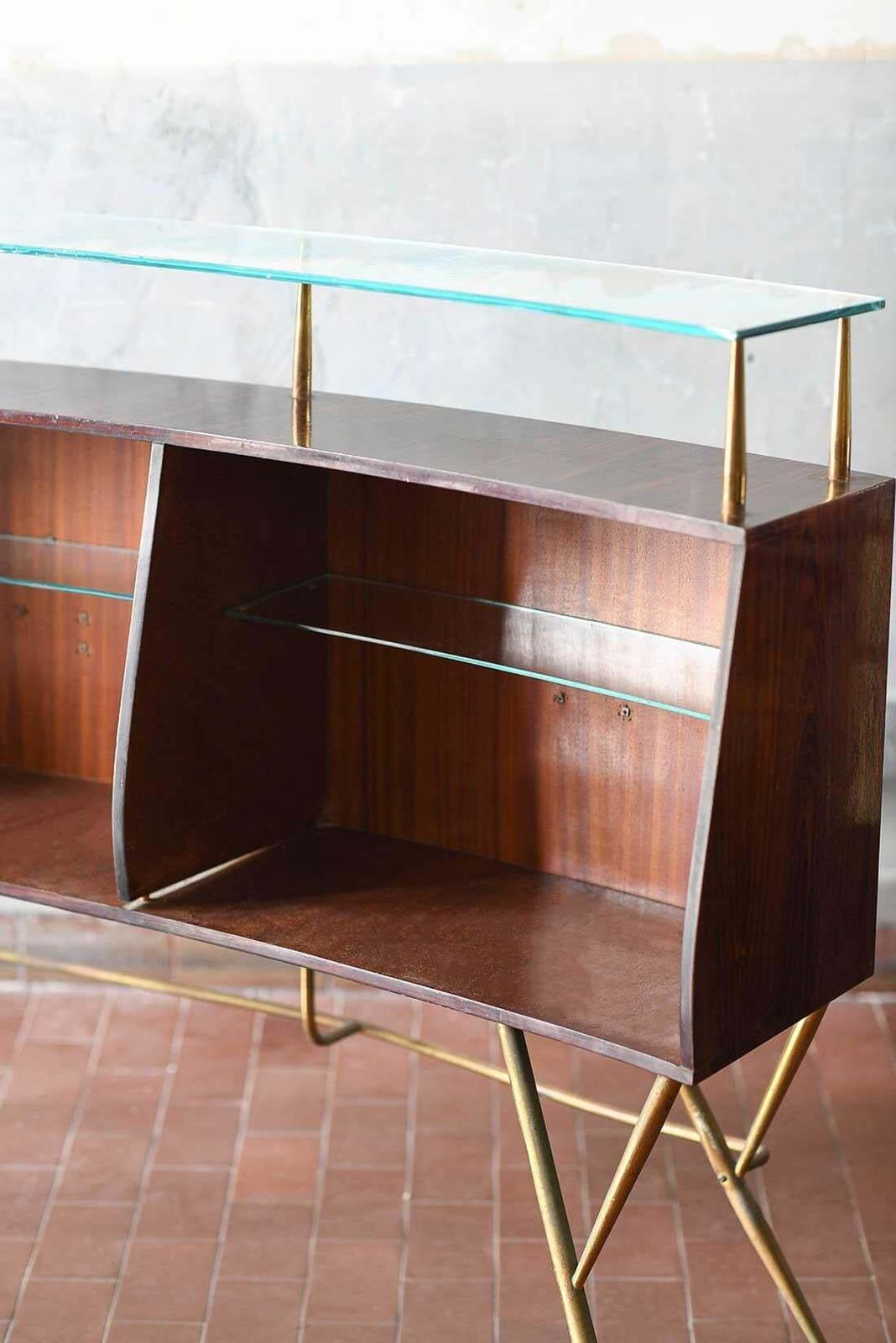 photo furniture Mid Century Bar Counter In Wood, Brass And Glass. Italian Artisan Production.