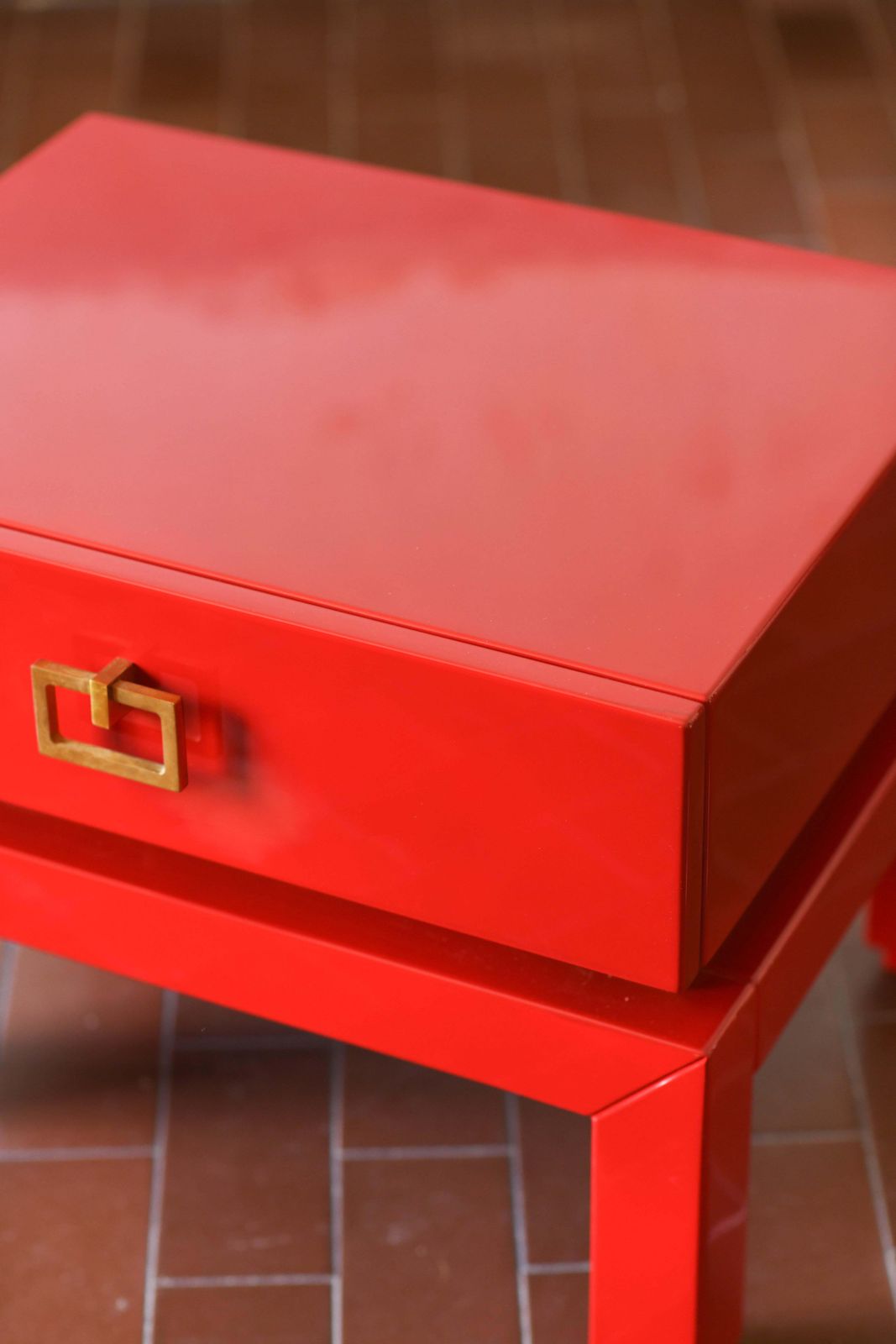 Pair Of China Red Bedside Tables With Brass Details From The 1970s photo 3882.0