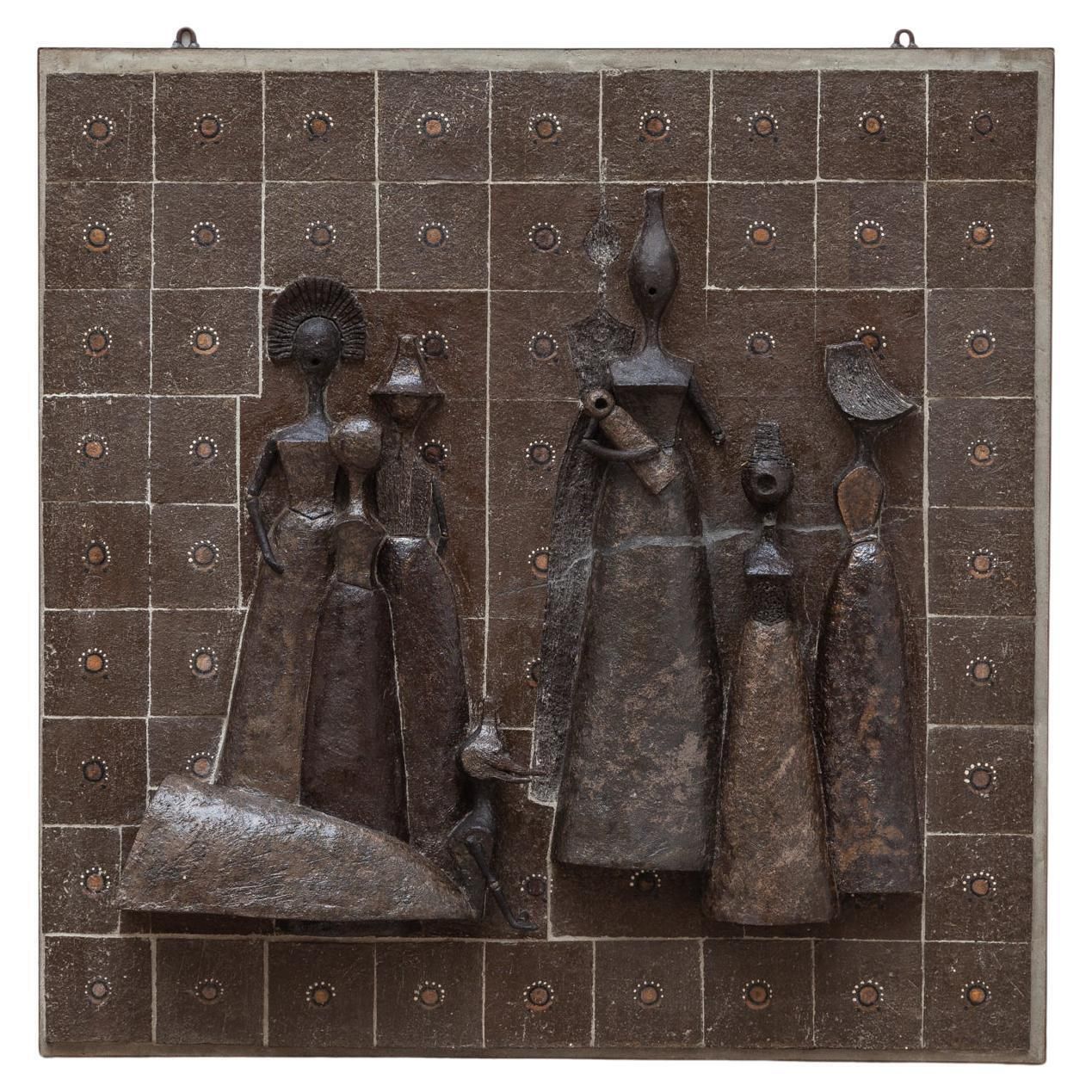 Ceramic Large Tile Wall Mounted Sculpture Group Of Women, Belgium 1960s