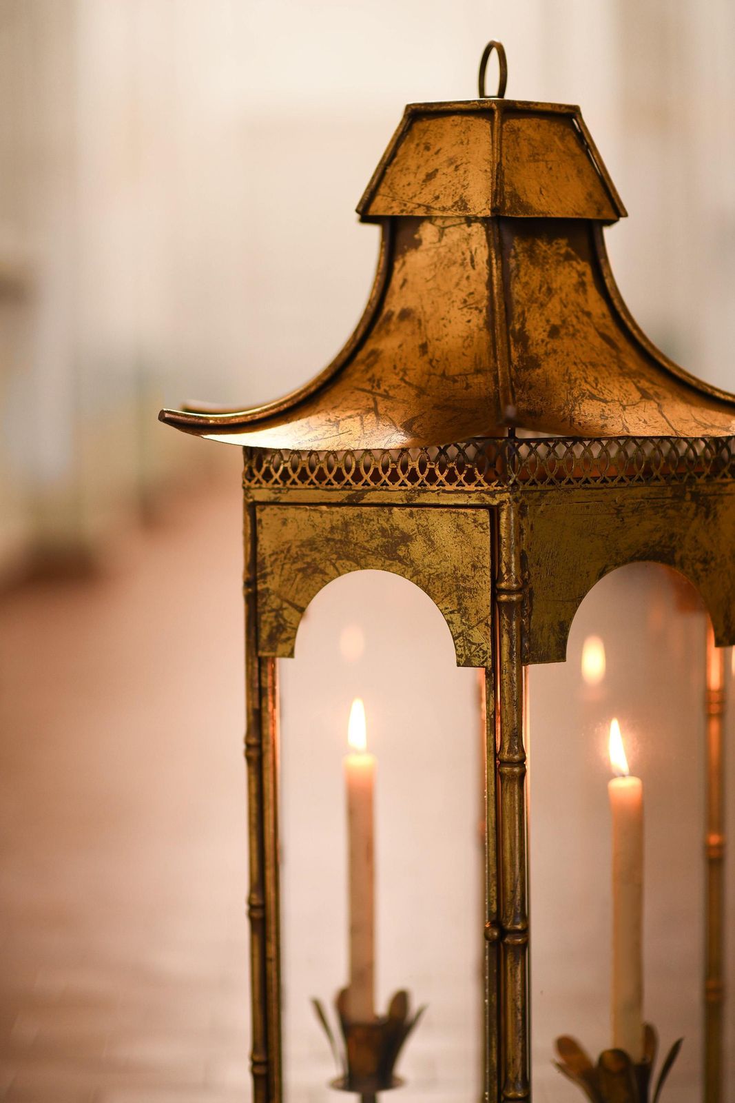 Large Pagoda Shaped French Lantern In Golden Metal From The 1970s photo furniture