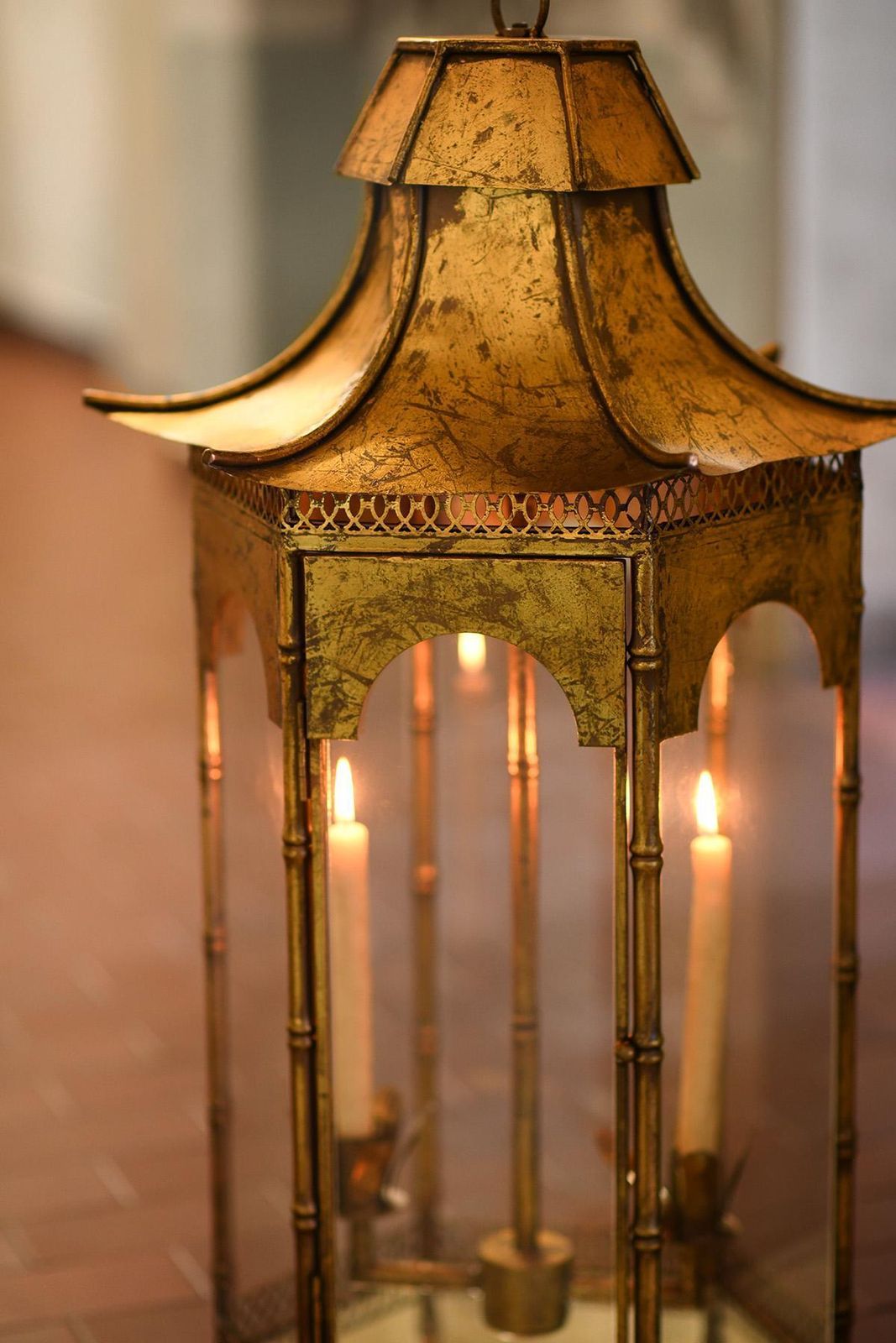 Large Pagoda Shaped French Lantern In Golden Metal From The 1970s photo for sale