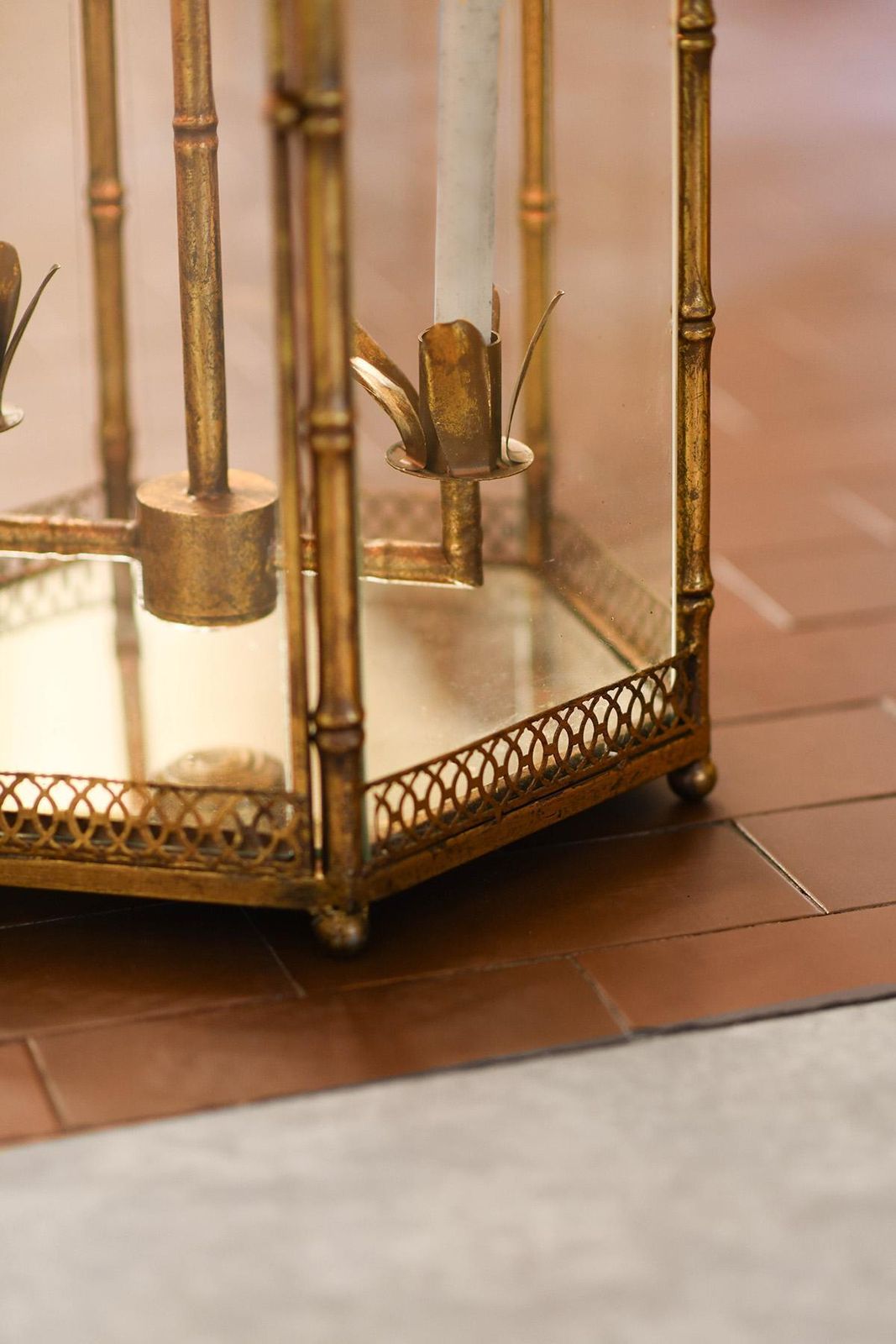 Large Pagoda Shaped French Lantern In Golden Metal From The 1970s photo Lighting