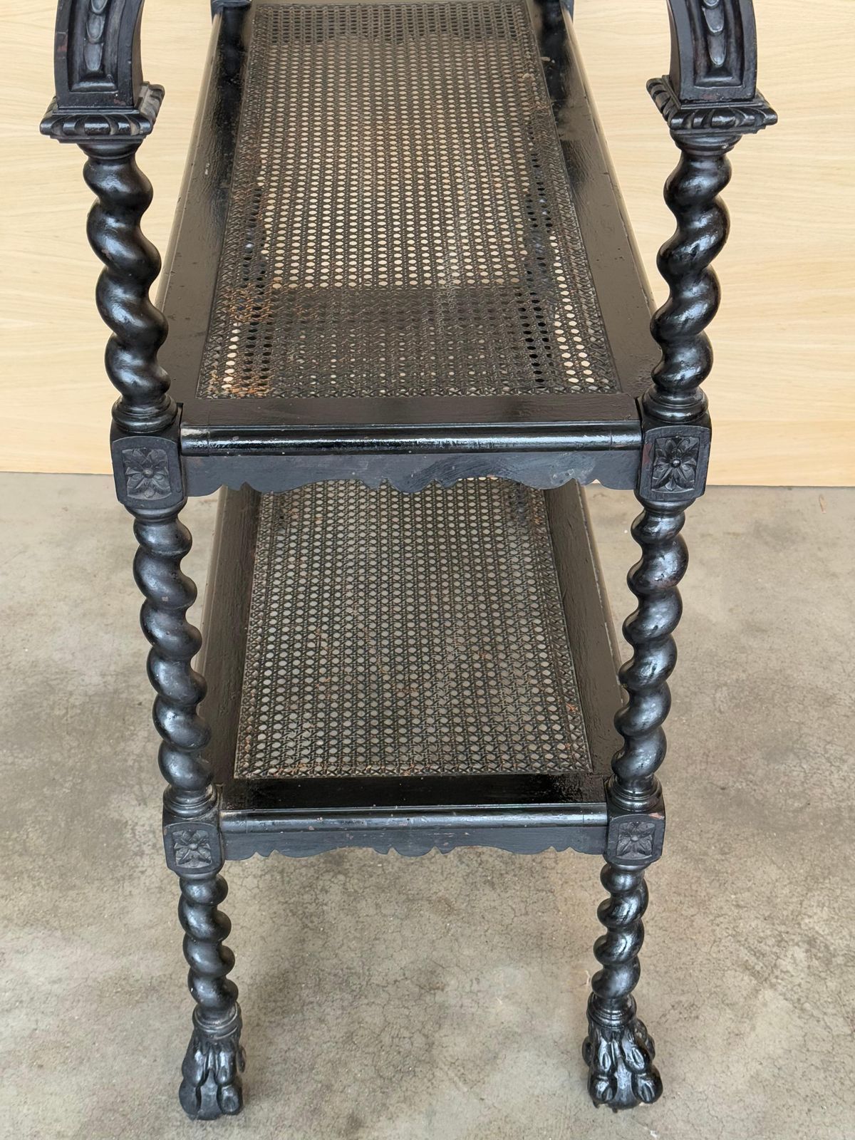 Spanish Wooden Magazine Rack With Marquetry Or Etagere With Cane Shelves photo vintage