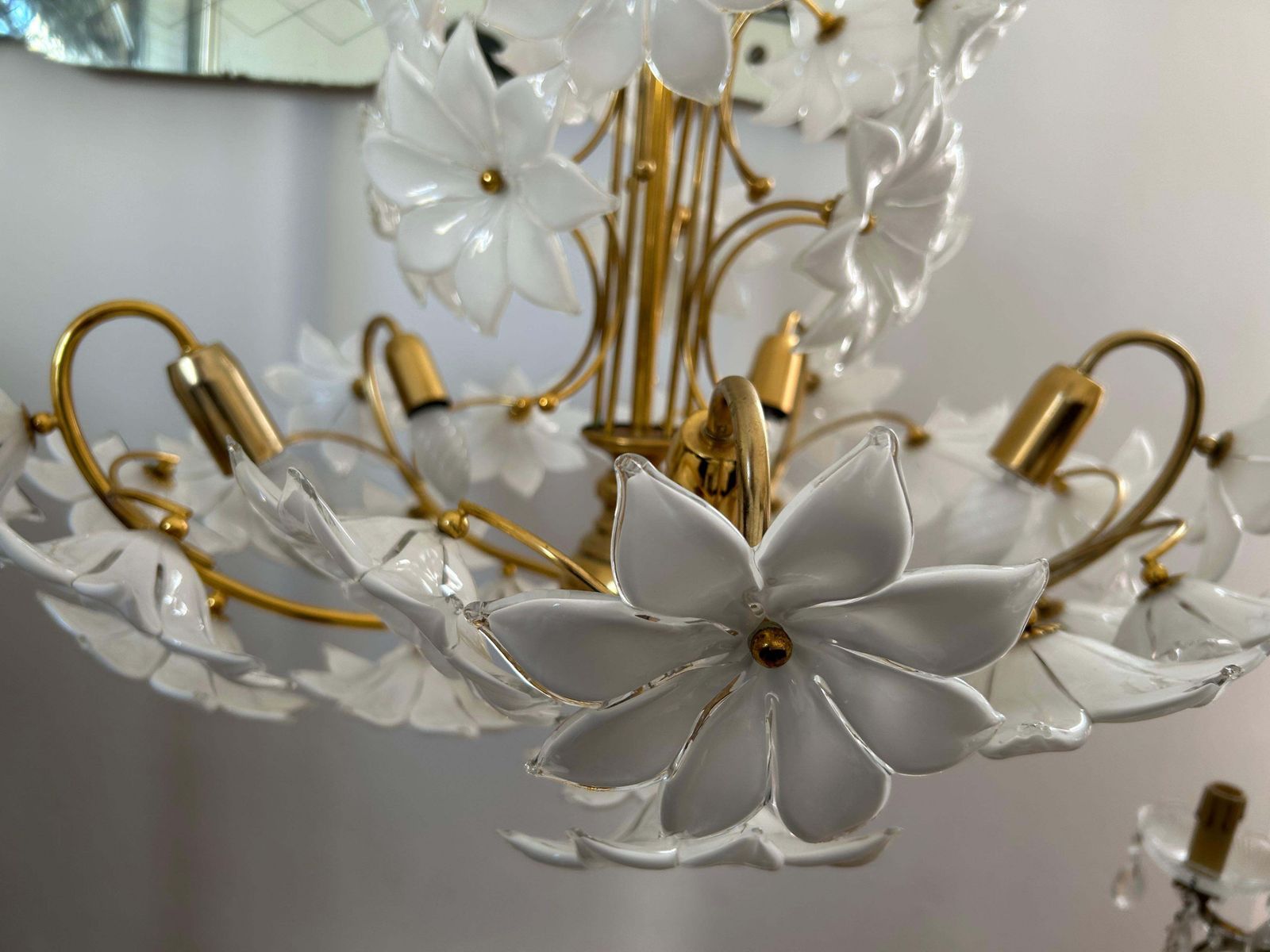 Daisies In The Sky, Pair Of Magnificent Murano White Flowers Chandelier, 1980 photo for sale