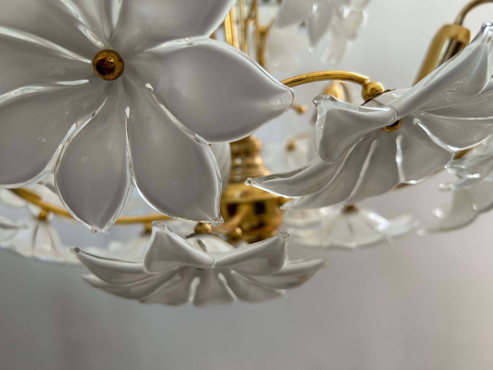 Daisies In The Sky, Pair Of Magnificent Murano White Flowers Chandelier, 1980 photo vintage
