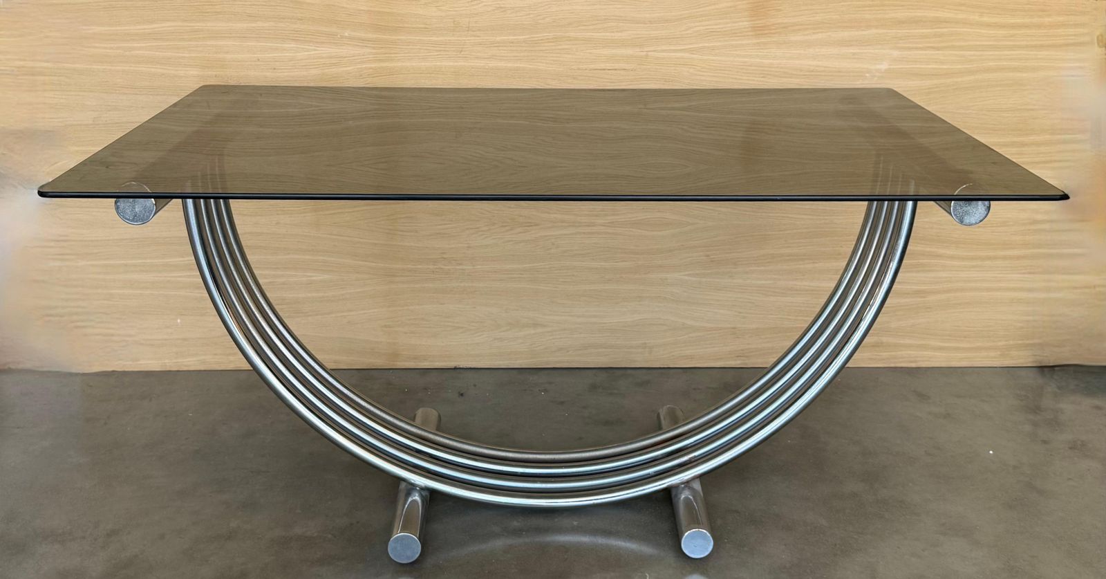 Table à manger mid-century modern de style Romeo Rega, en chrome, laiton et verre photo for sale