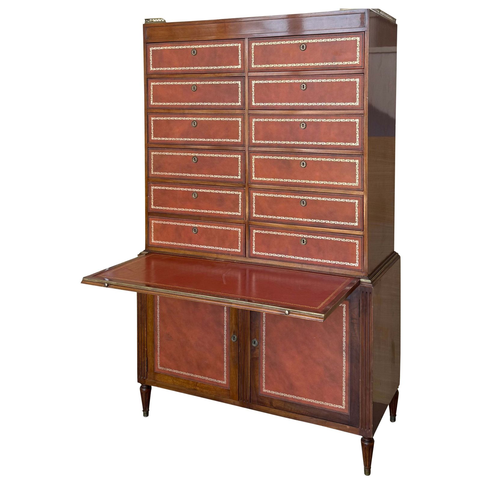 Commode vintage de style Chippendale en cuir gaufré orange, bureau