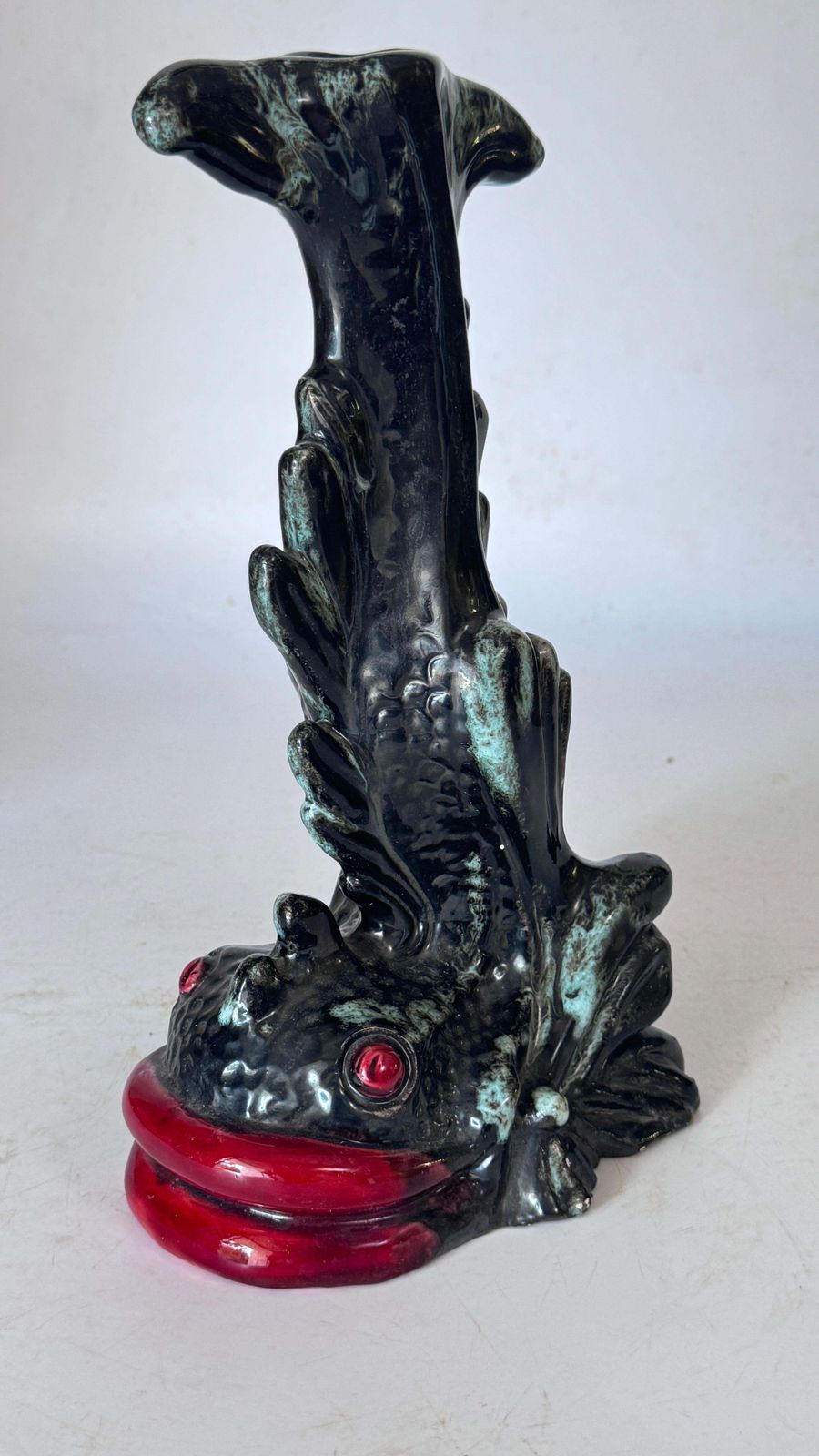 Sculptural Ceramic Candlestick – France – Black, Red & Green Glaze photo for sale