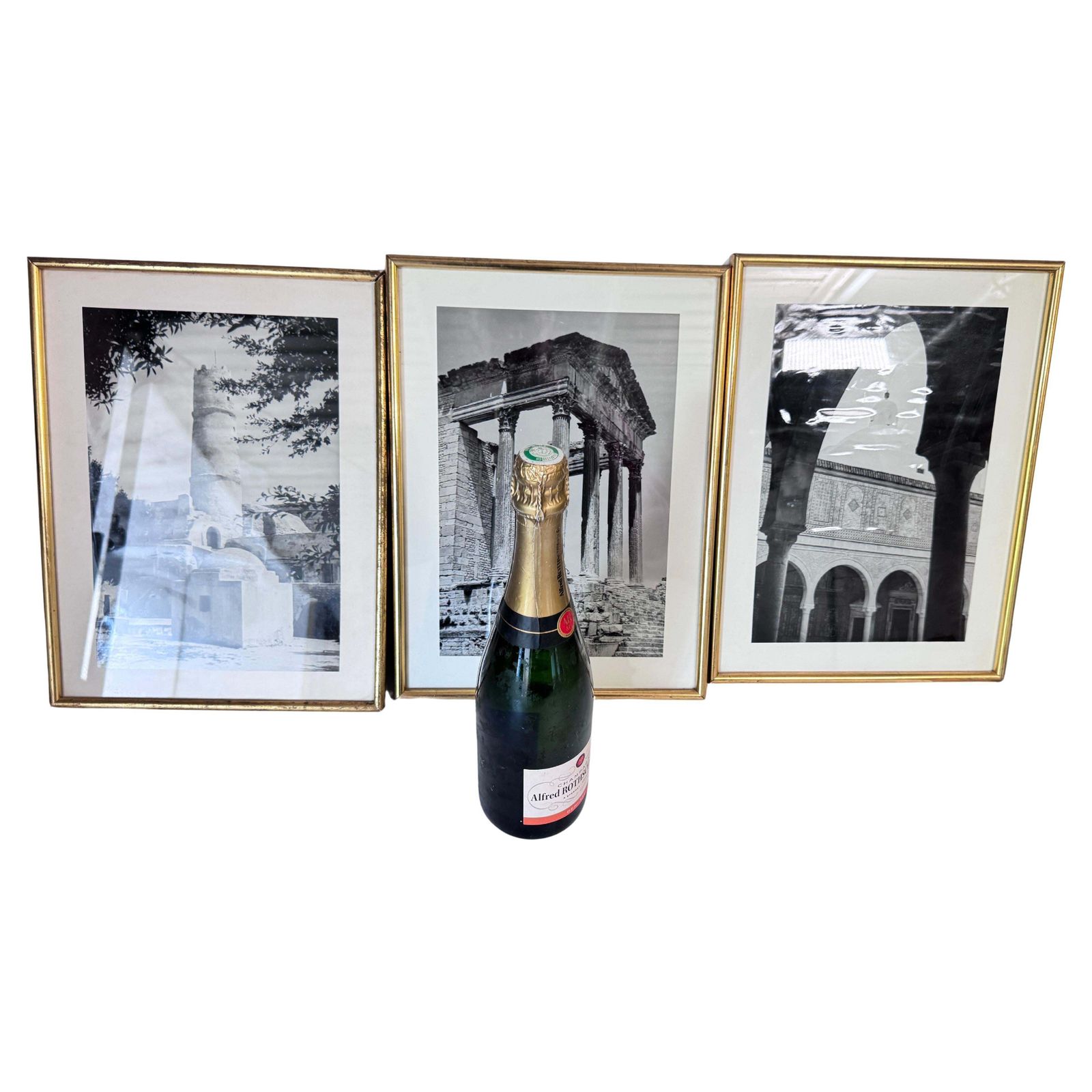 Set Of 3 Framed Black And White Photographs 1950s Monuments Gold Frames photo furniture
