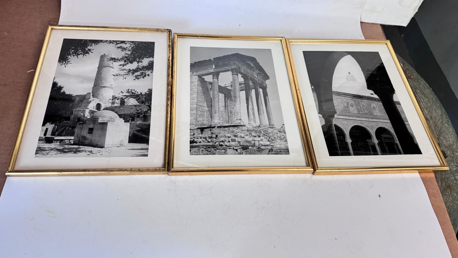 Art Set Of 3 Framed Black And White Photographs 1950s Monuments Gold Frames photo