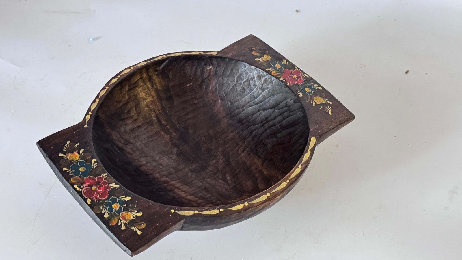 19th Century French Provincial Wooden Bowl Hand Painted Floral Motifs photo 364.0