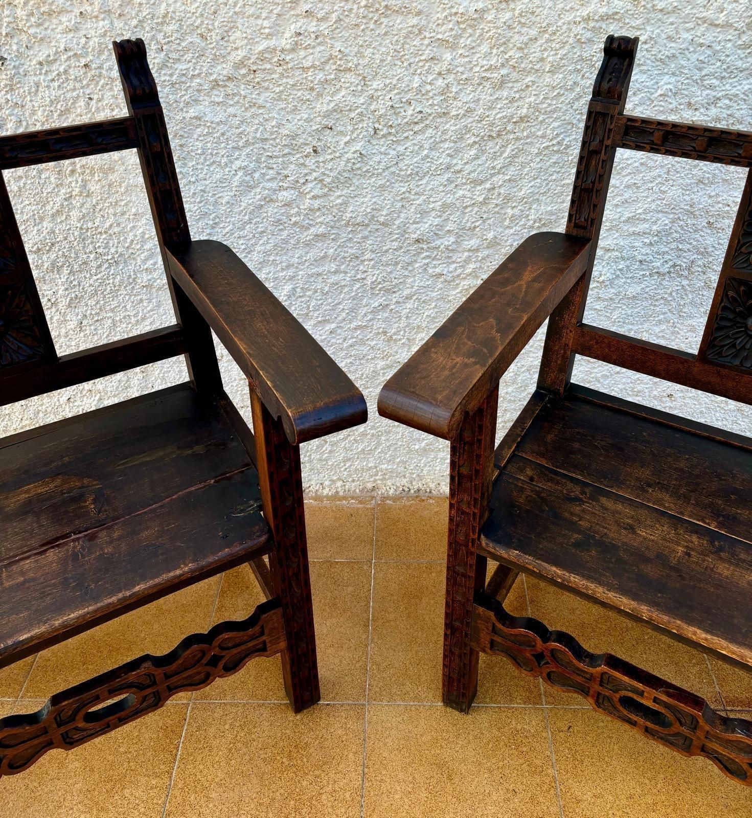 Set Of 19th Century Spanish Colonial Carved Altar Armchairs With Wooden Seats photo 3720.0