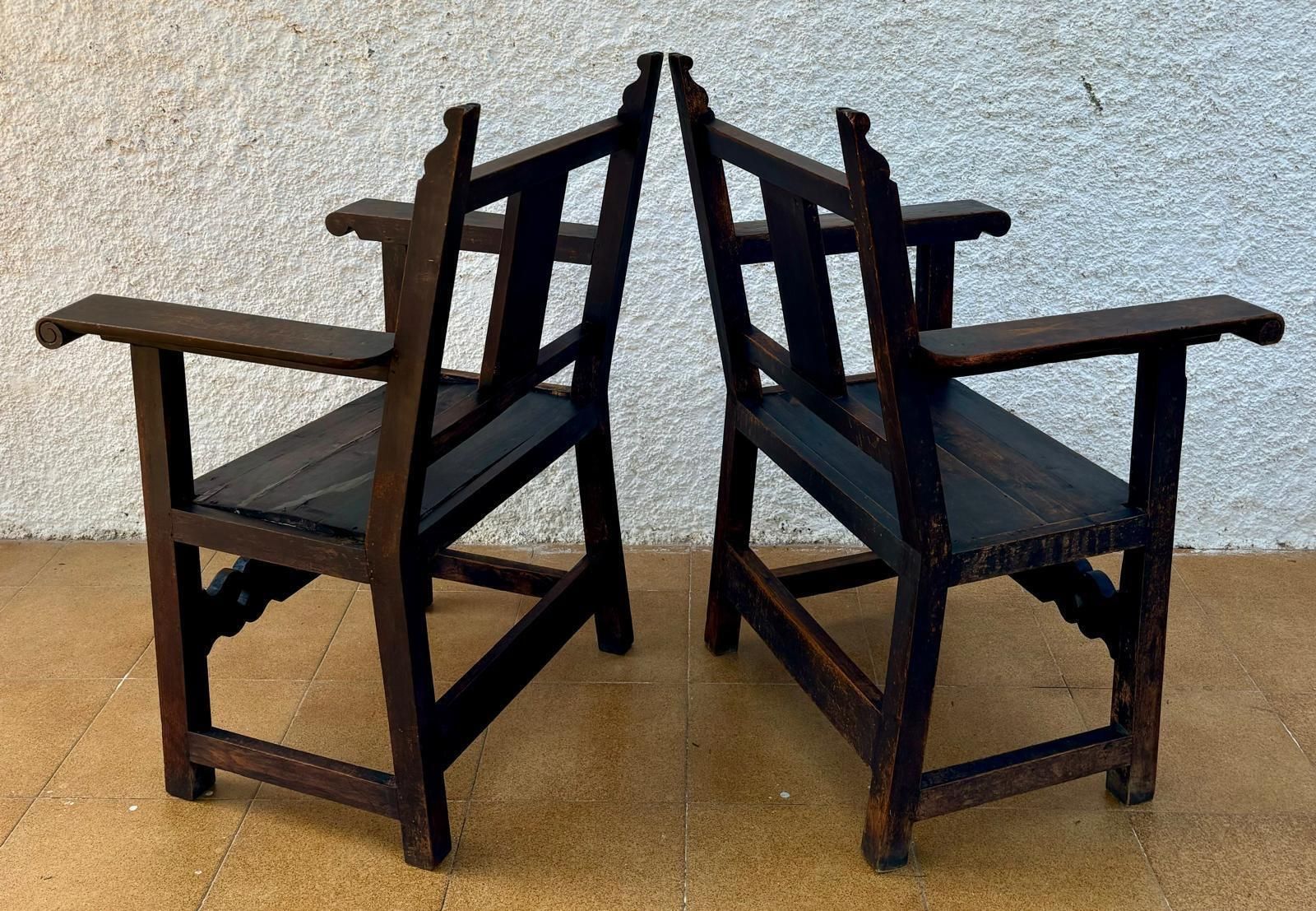 Set Of 19th Century Spanish Colonial Carved Altar Armchairs With Wooden Seats photo vintage