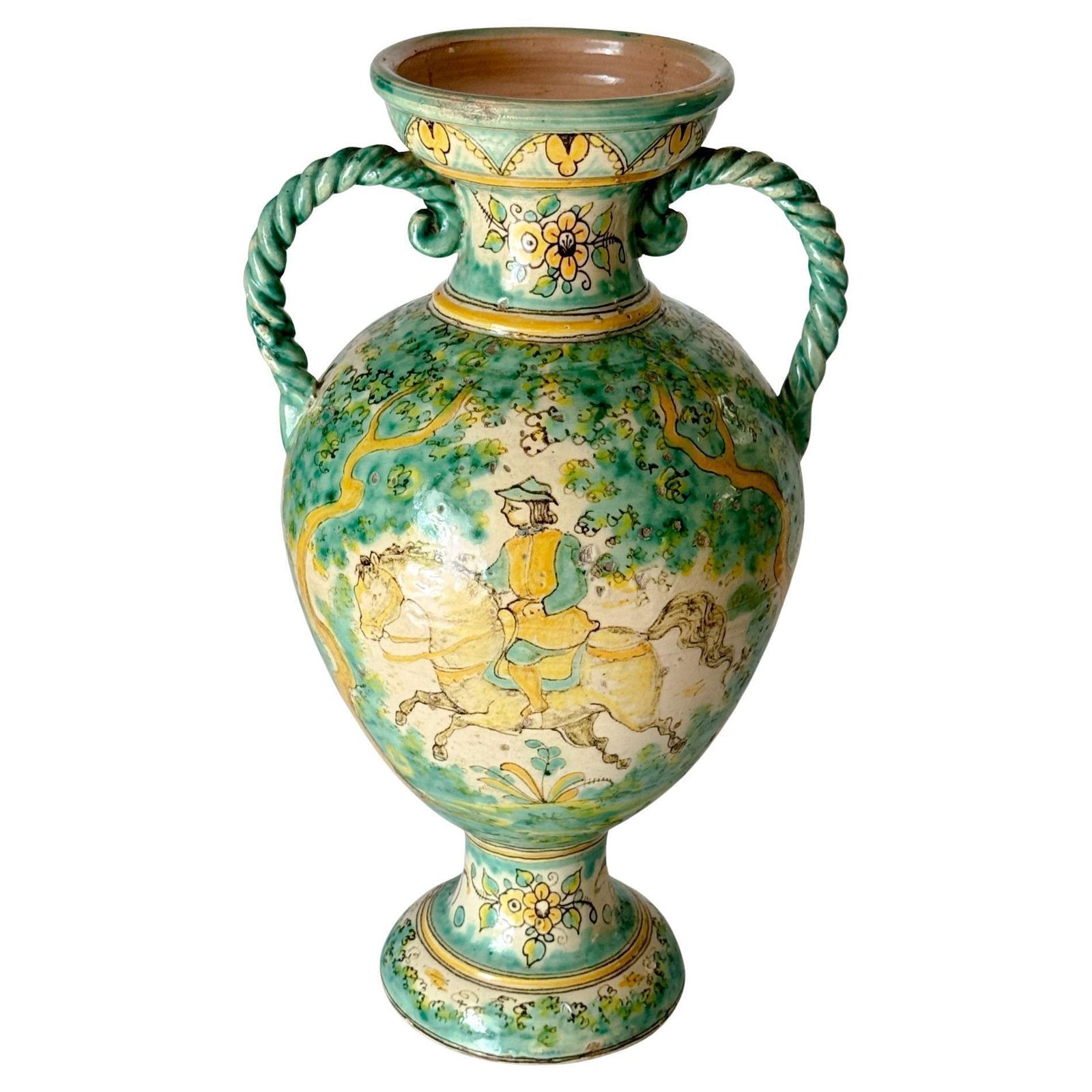 Large Italian Ceramic Vase – Green & Yellow – Knight On Horseback – 1970s