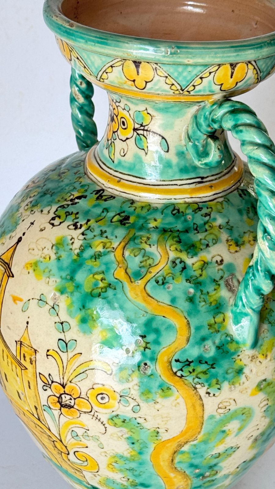 Large Italian Ceramic Vase – Green & Yellow – Knight On Horseback – 1970s photo for sale