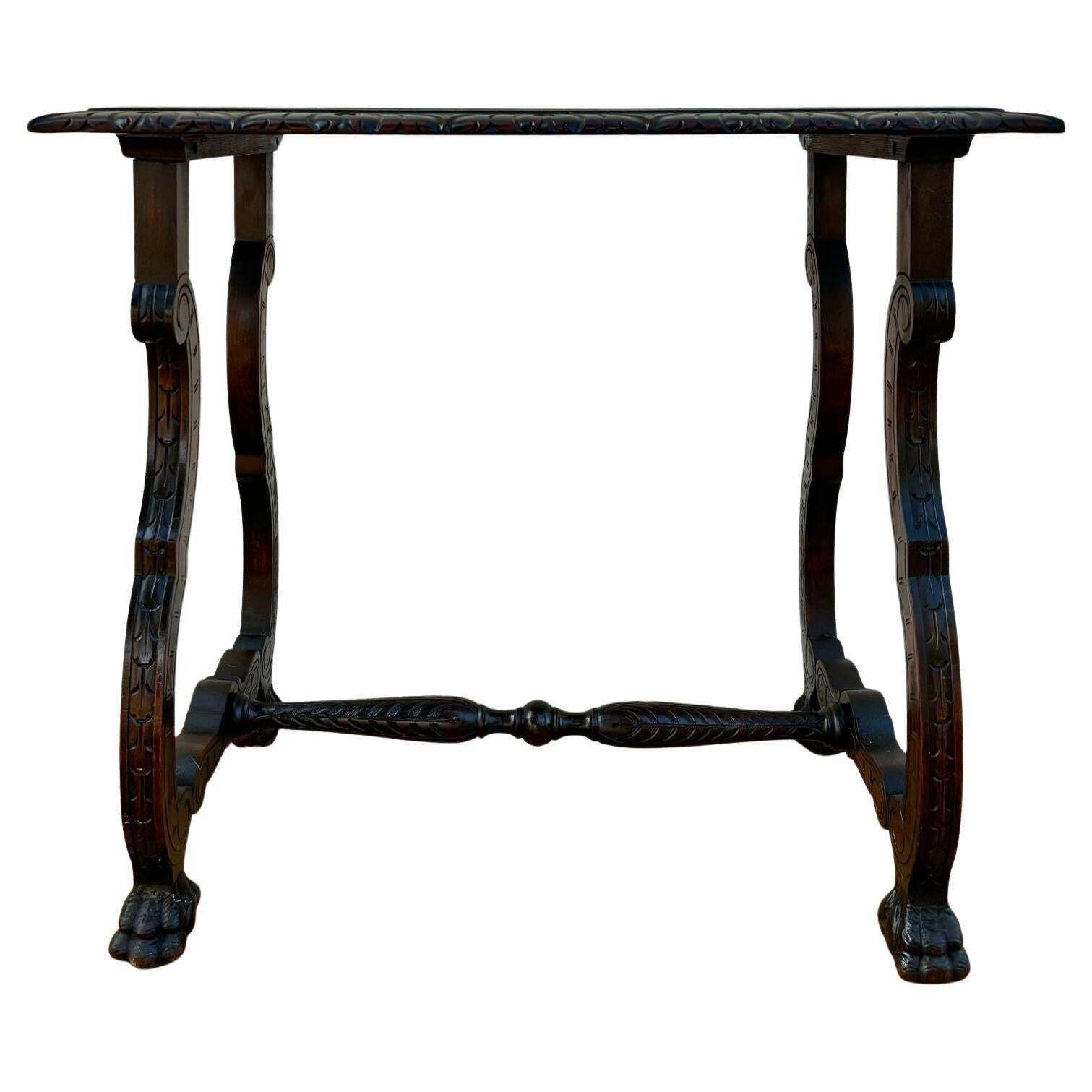 Early 19th Century Baroque Spanish Side Table With Lyre Legs And Marquetry Top