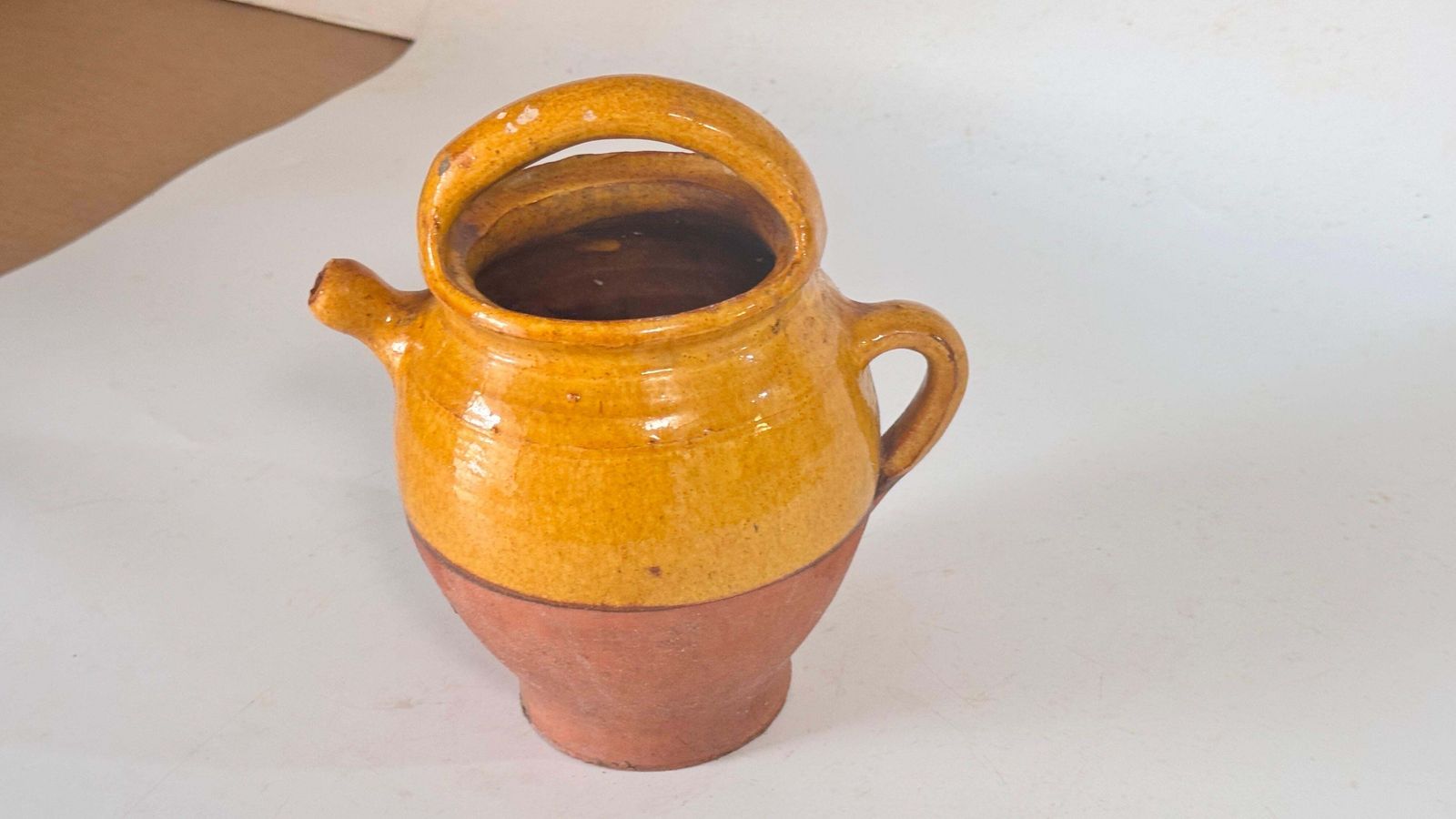 1970s French Glazed Pottery Jar Yellow &Natural Terracotta French Provencial photo for sale