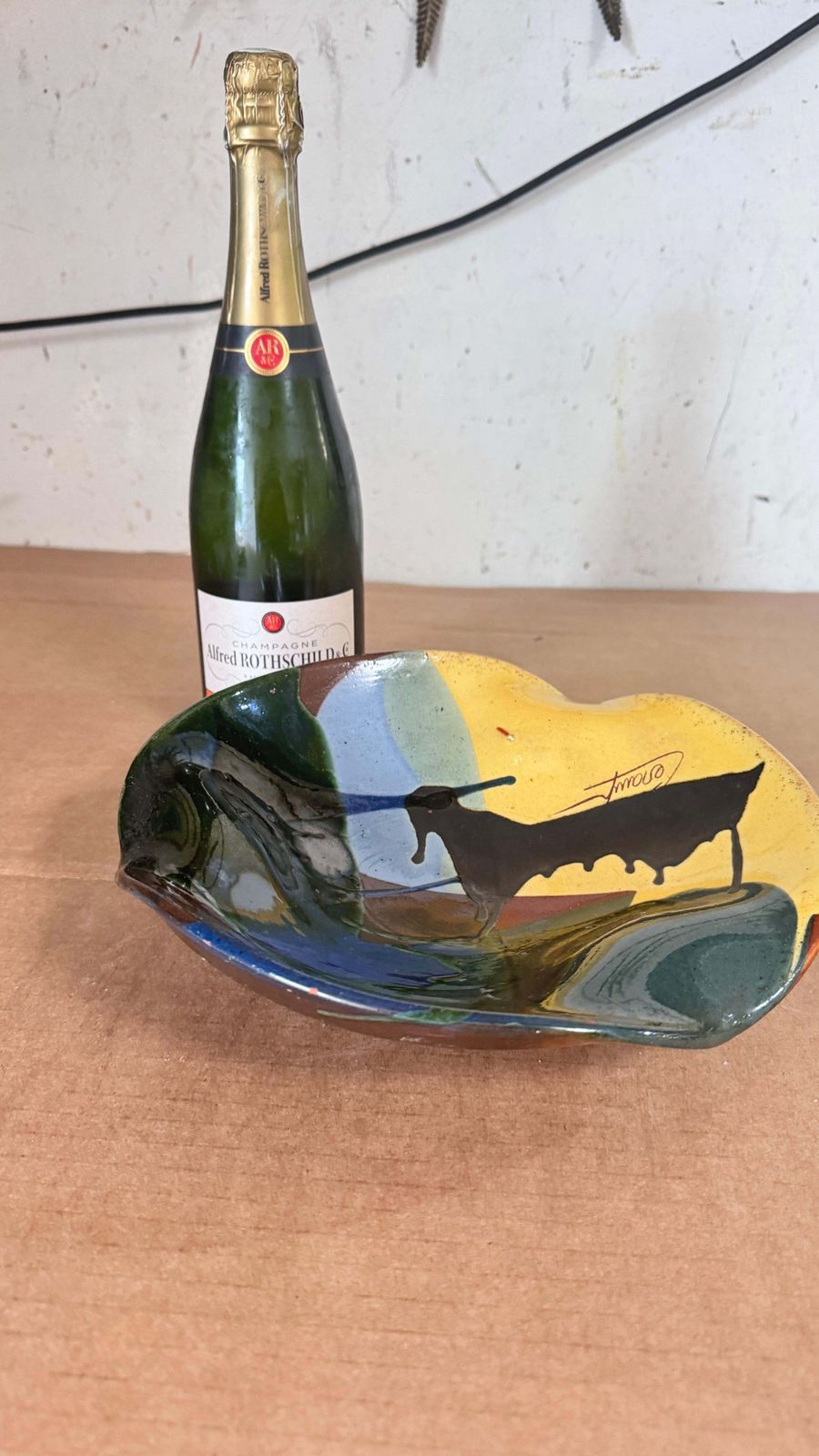1970s French Glazed Pottery Platter With Bull Motif, Vibrant Southern Colors photo furniture