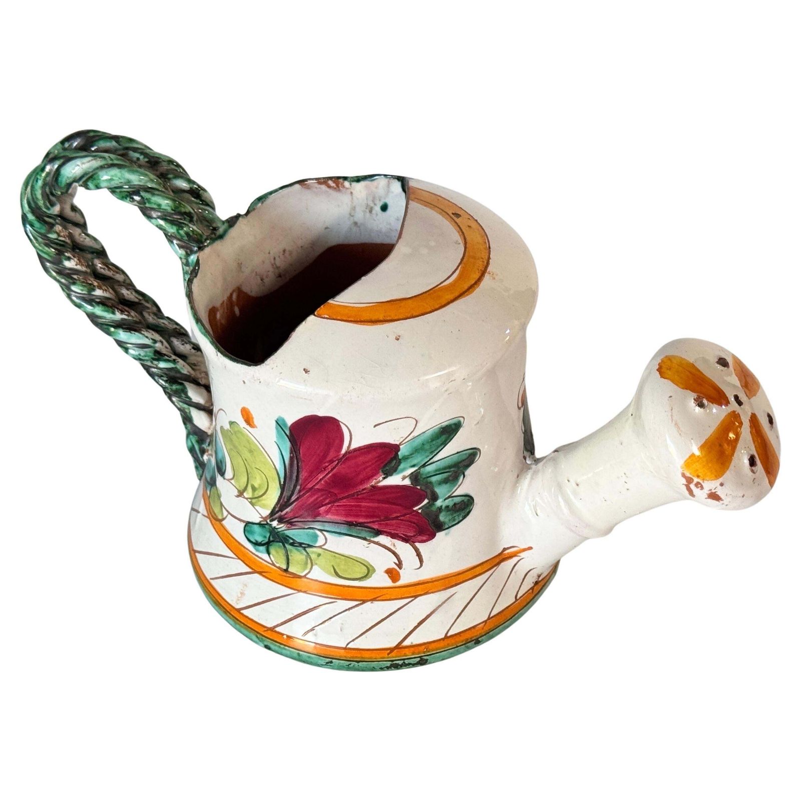Hand Painted 20th Century Ceramic Indoor Watering Can Floral Motifs