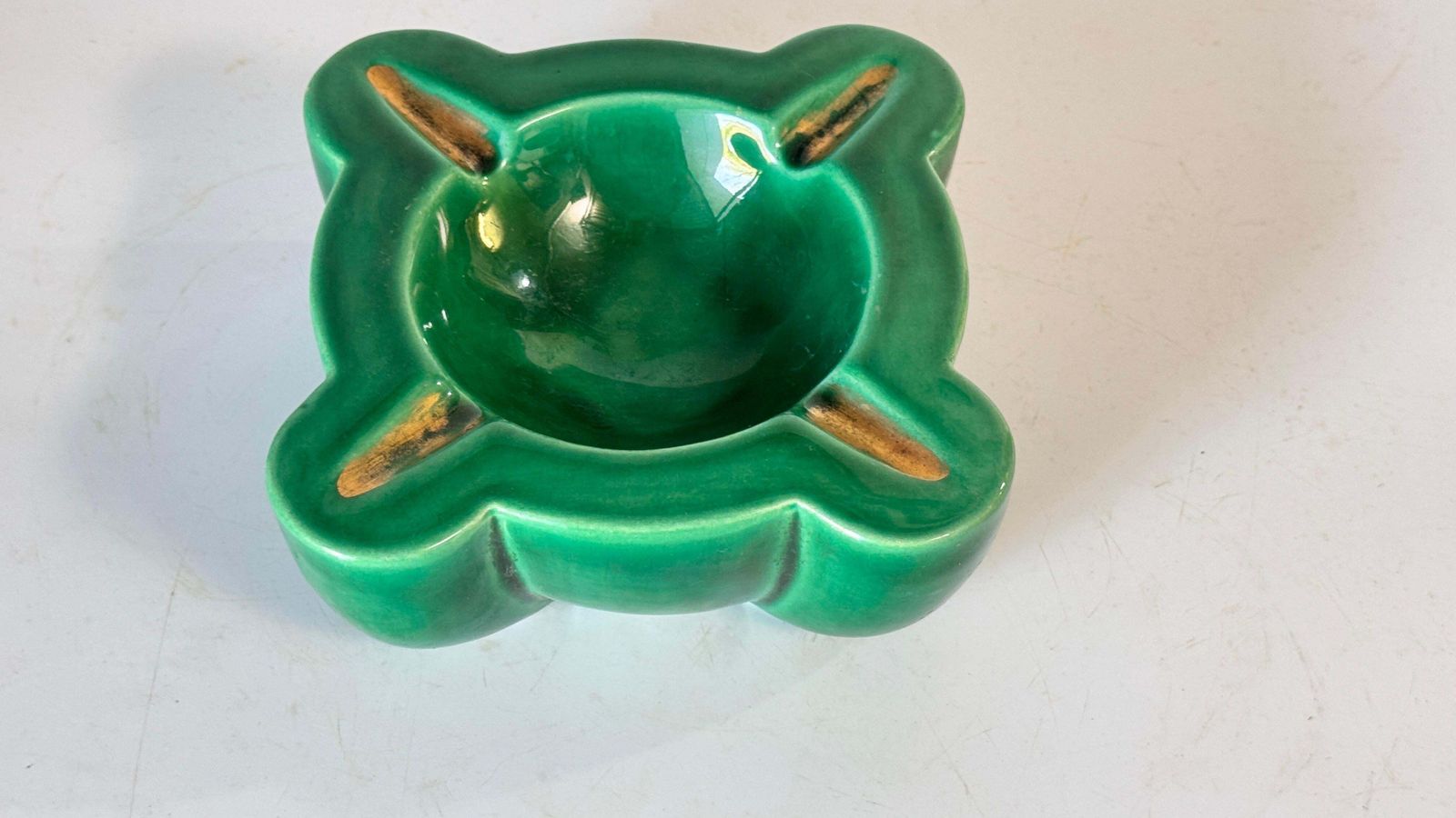 Home Decor 1940s French Art Deco Green Ceramic Ashtray With Gilded Details, Four Cigarette photo