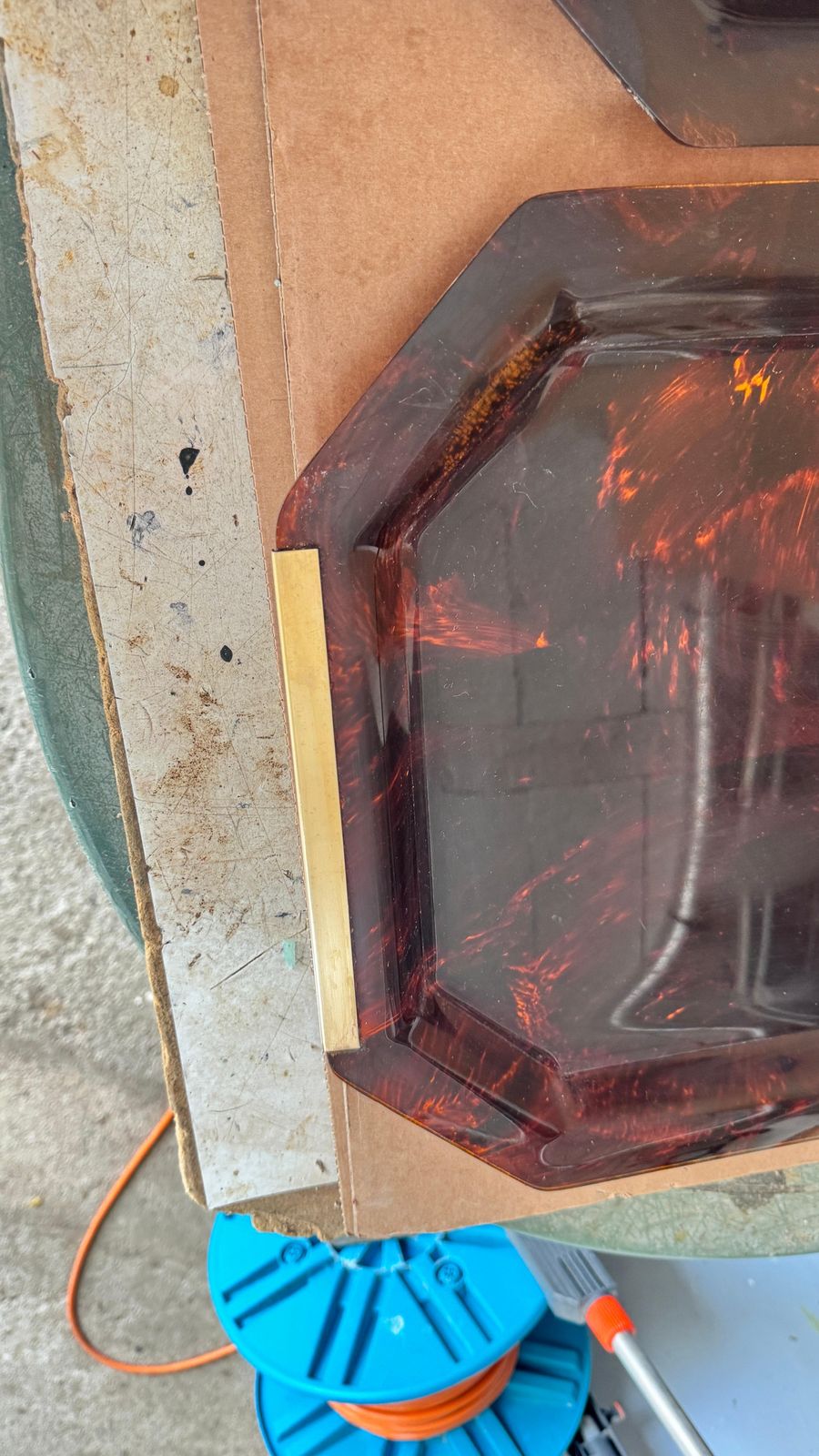 Pair 1970s French Lucite Trays With Brass Handles, Transparent Brown &Gold photo buy