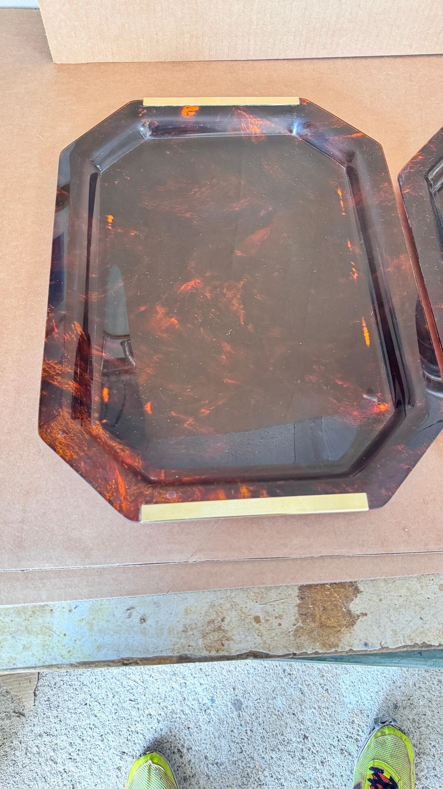 Pair 1970s French Lucite Trays With Brass Handles, Transparent Brown &Gold photo vintage