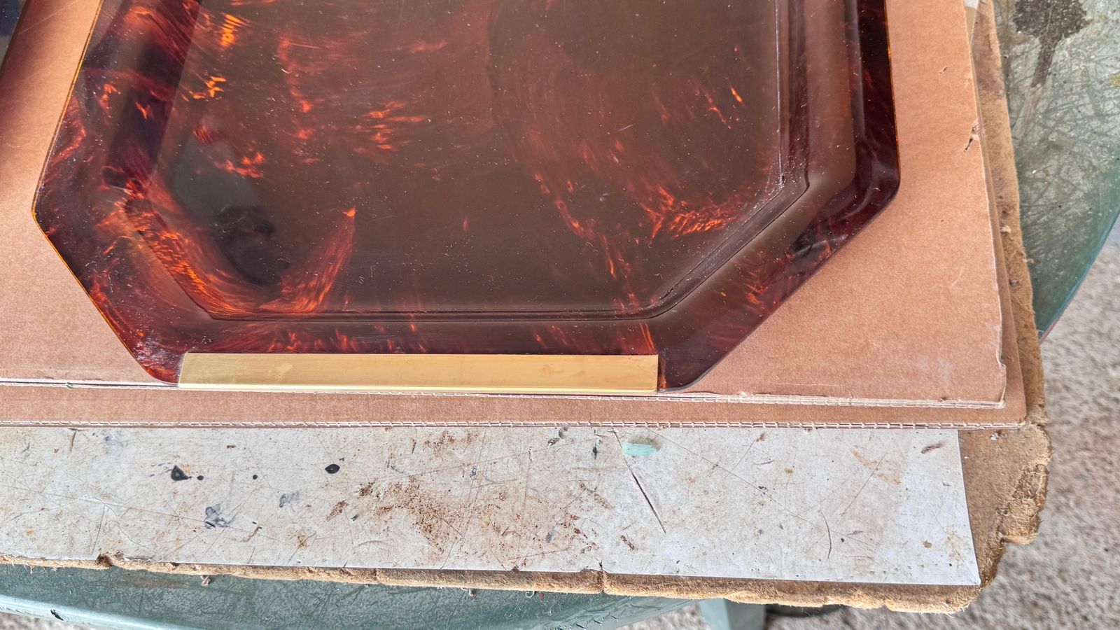 photo for sale Pair 1970s French Lucite Trays With Brass Handles, Transparent Brown &Gold