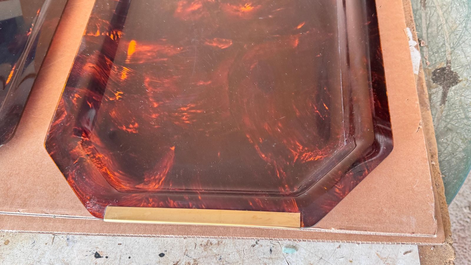 Home Decor Pair 1970s French Lucite Trays With Brass Handles, Transparent Brown &Gold photo