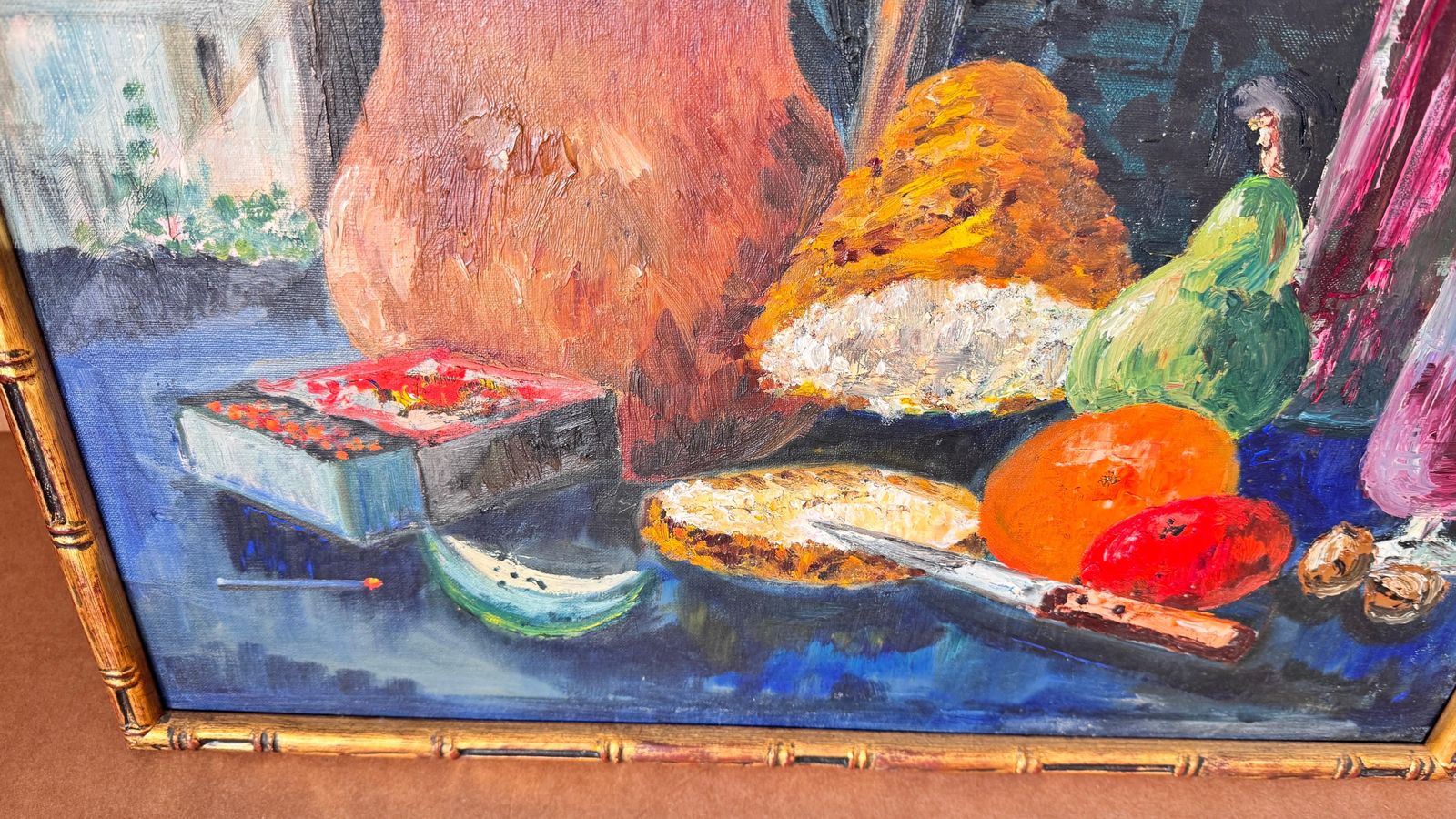 1970s French Still Life Painting, Bold Colors & Thick Texture, Faux Bamboo Gilde photo for sale