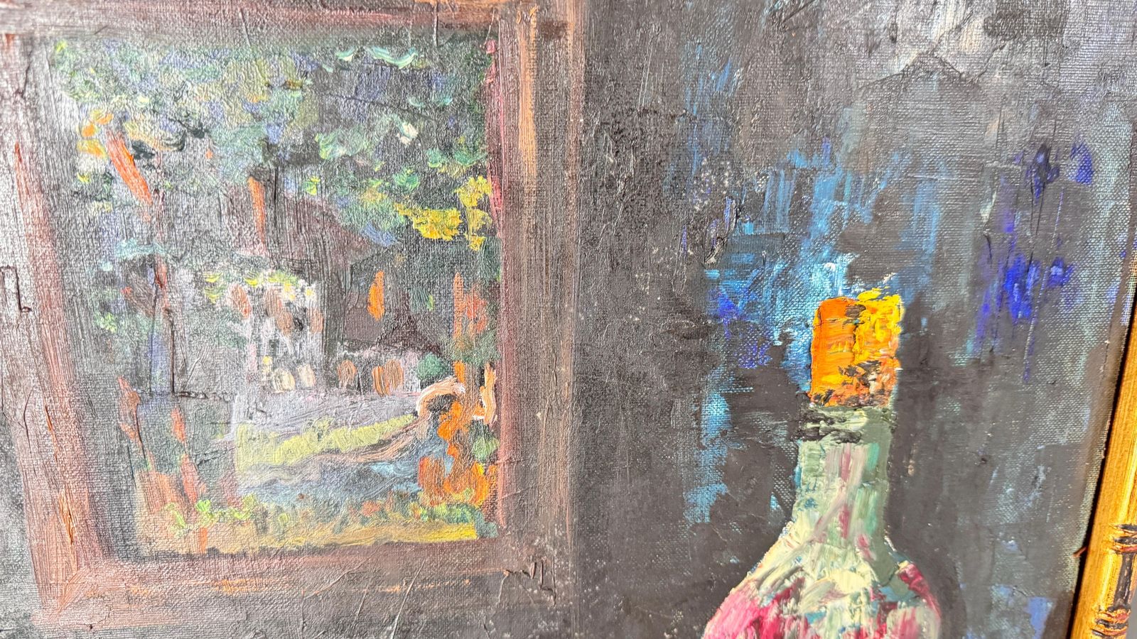 1970s French Still Life Painting, Bold Colors & Thick Texture, Faux Bamboo Gilde photo vinterior