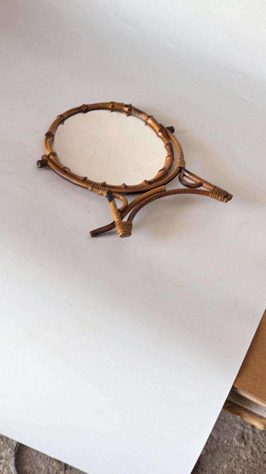 1960s French Riviera Tripod Table Mirror In Rattan, Adjustable Circular Design photo Home Decor