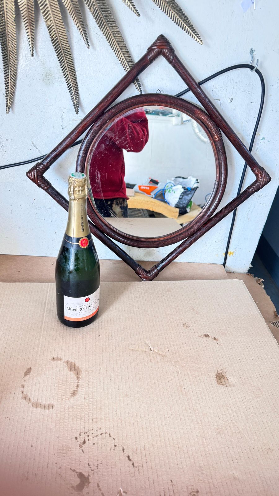 1960s French Rattan Mirror, Convertible Triangle To Square Design photo furniture
