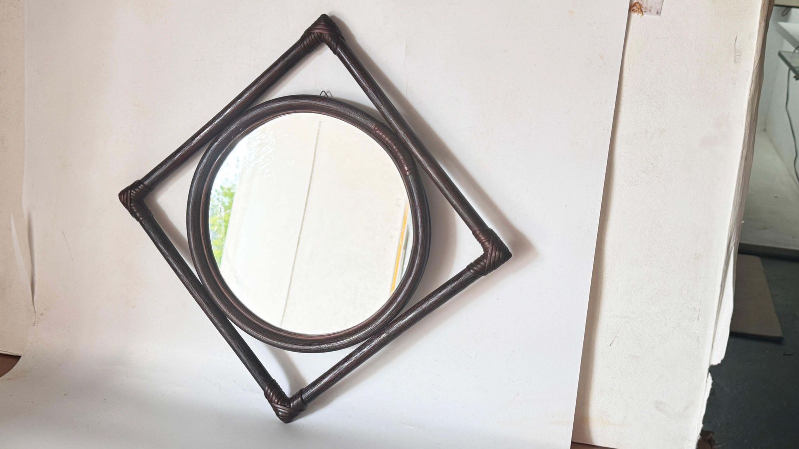 1960s French Rattan Mirror, Convertible Triangle To Square Design photo for sale