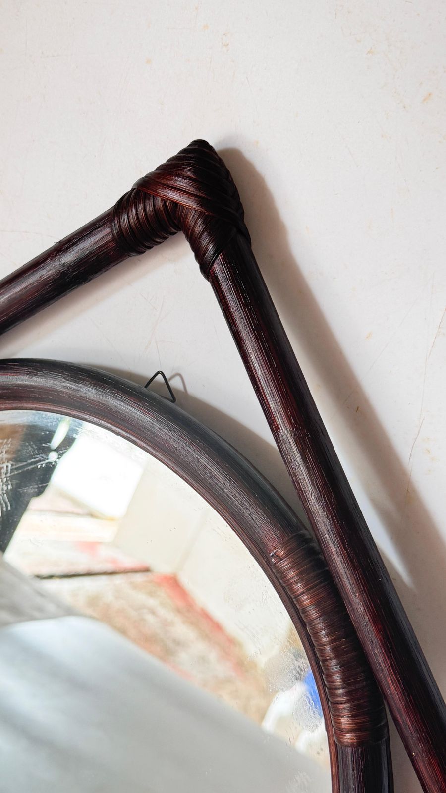 photo for sale 1960s French Rattan Mirror, Convertible Triangle To Square Design
