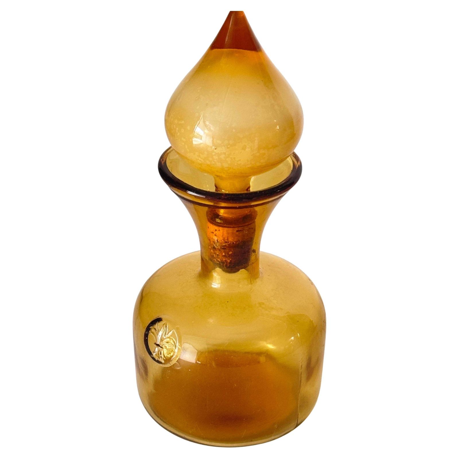 1960s Italian Art Glass Bottle With Large Blown Glass Stopper, Yellow Orange Hue