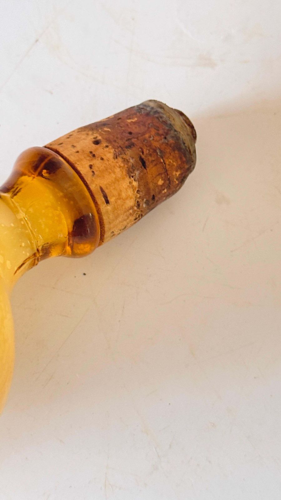 1960s Italian Art Glass Bottle With Large Blown Glass Stopper, Yellow Orange Hue photo for sale