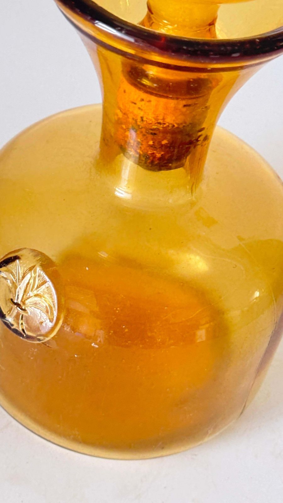 281.0 1960s Italian Art Glass Bottle With Large Blown Glass Stopper, Yellow Orange Hue photo